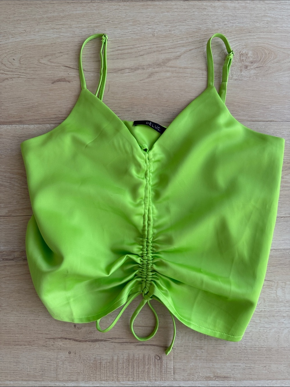 Deluc Bright Lime Ruched Drawstring Cami. Satin Top. New without Tags. XS/ Small
